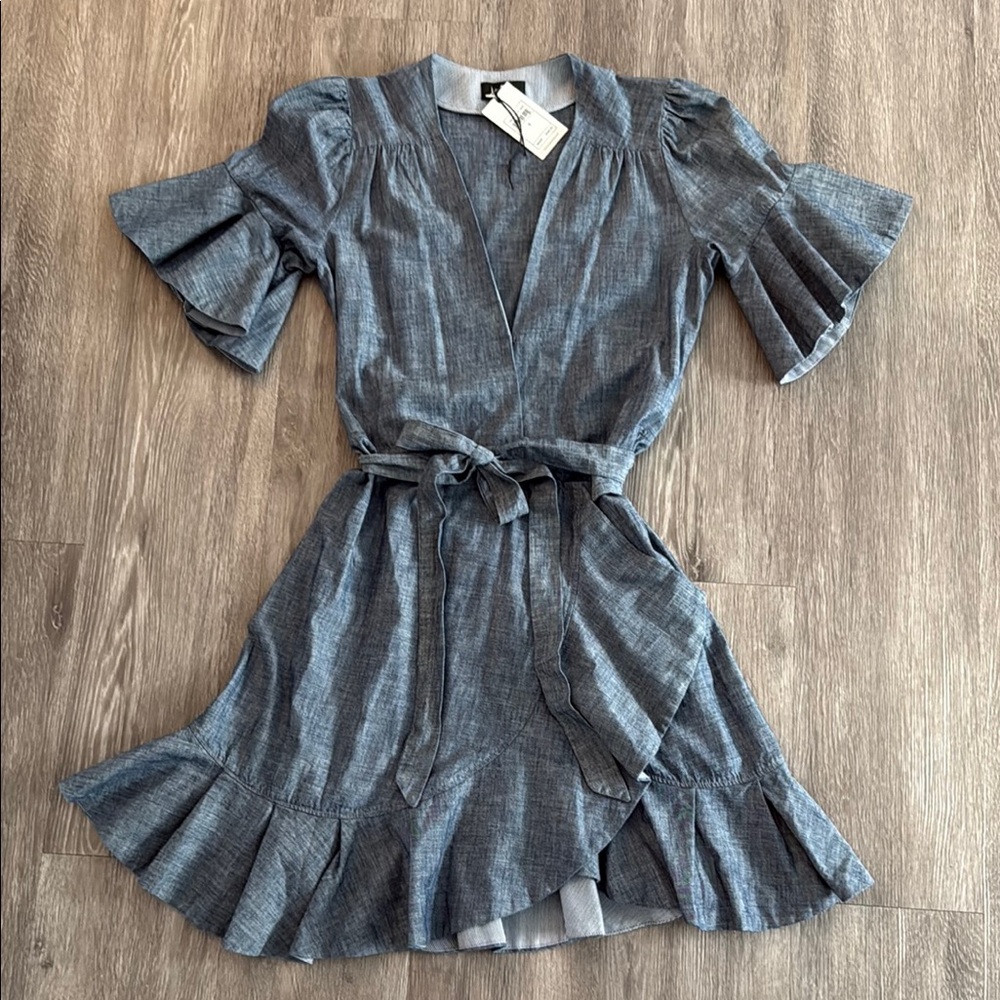 7 For All Mankind Blue Ruffled Flutter Sleeve Mini Dress